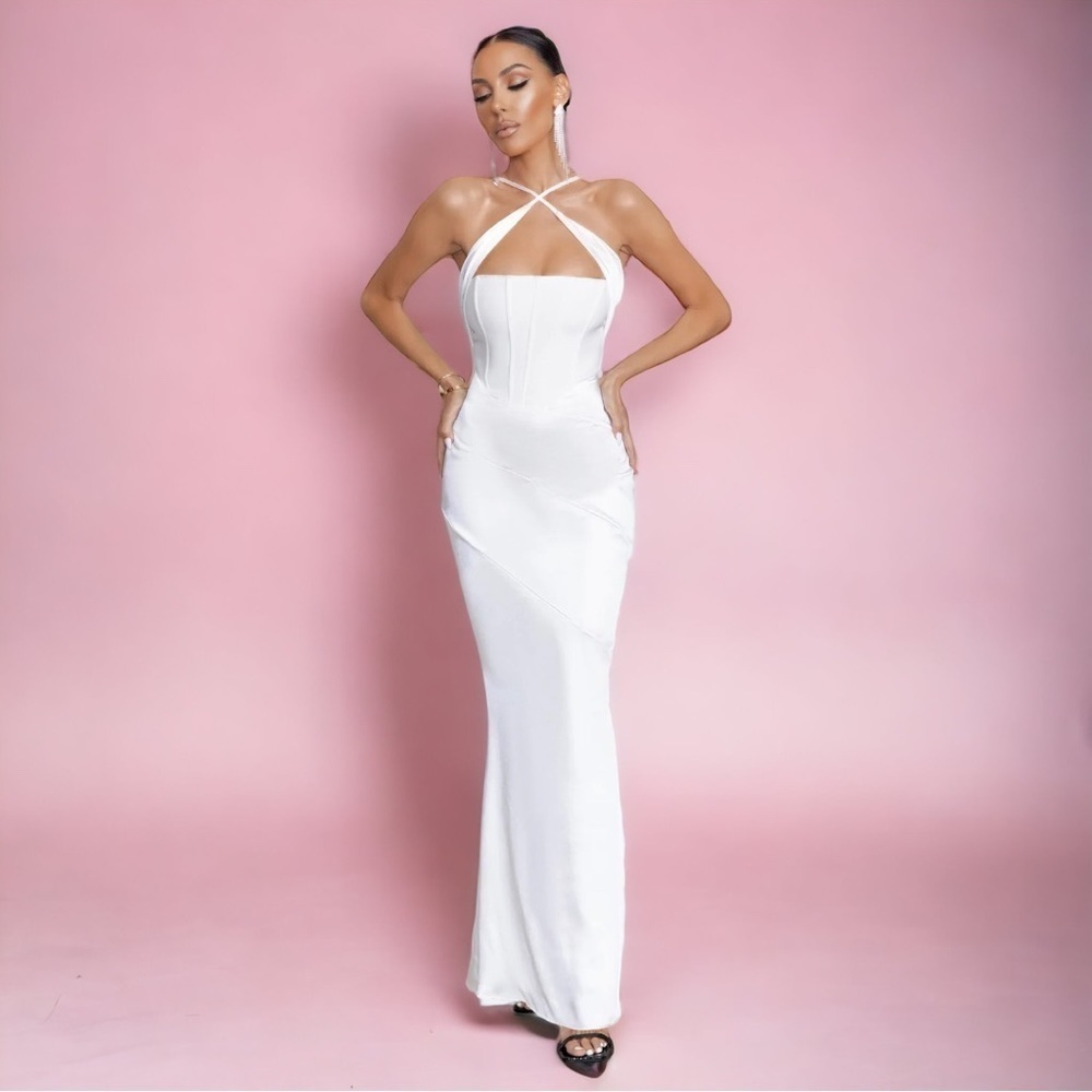 WHITE CROSS OVER NECK CORSET MAXI DRESS
